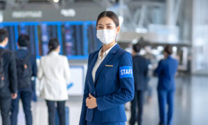 腕章をつけた案内係